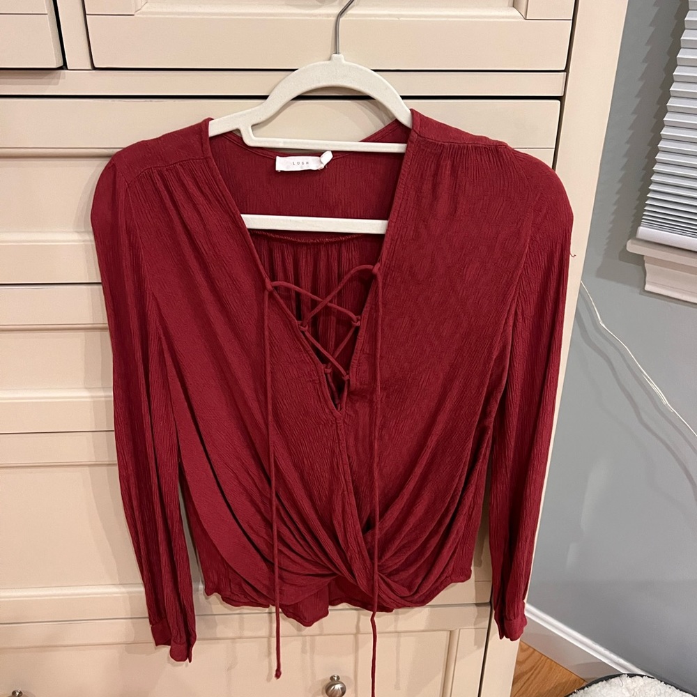 Lush, tie up, plunge, long sleeve blouse, wine colored, VGUC, medium